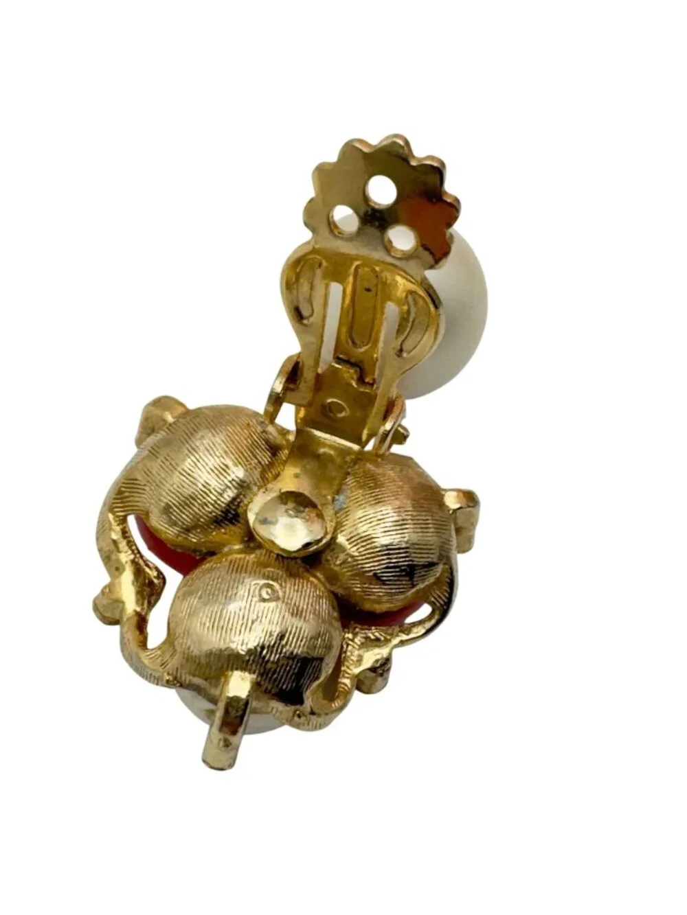 Vtg Gold-Tone Clip-On Earrings Red & White Beads Rhinestones Dangle Design - Picture 7 of 8